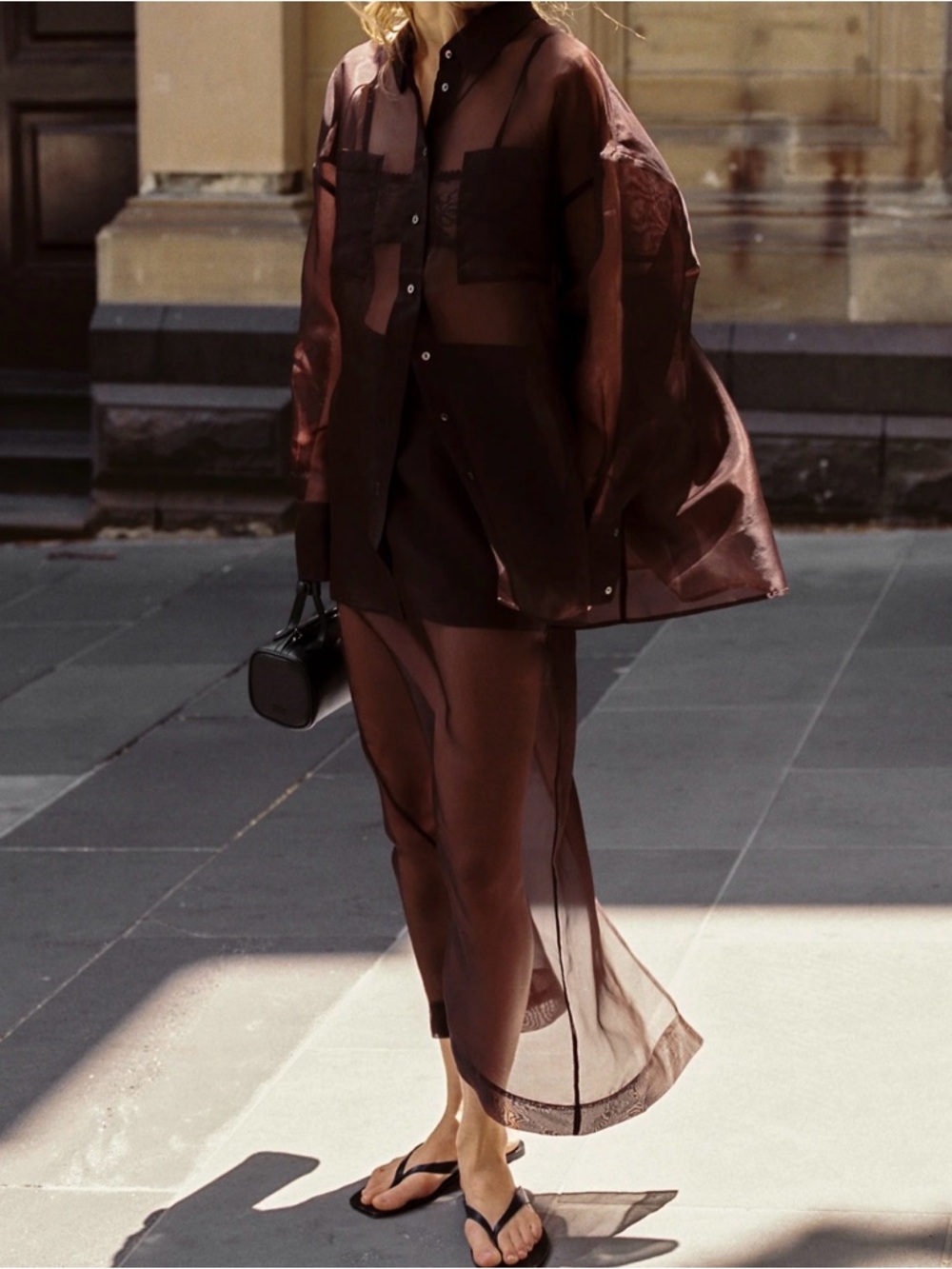 Sian Dark Choc Silk Organza Midi Skirt- Brown